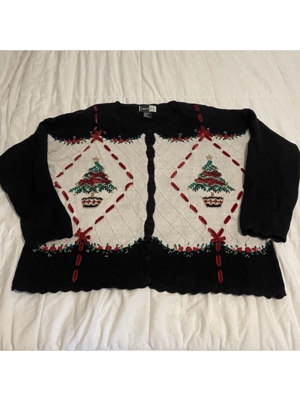 True Vintage 1990's Beldoch Popper Ugly Sweater Sz XL Christmas Tree Button Up